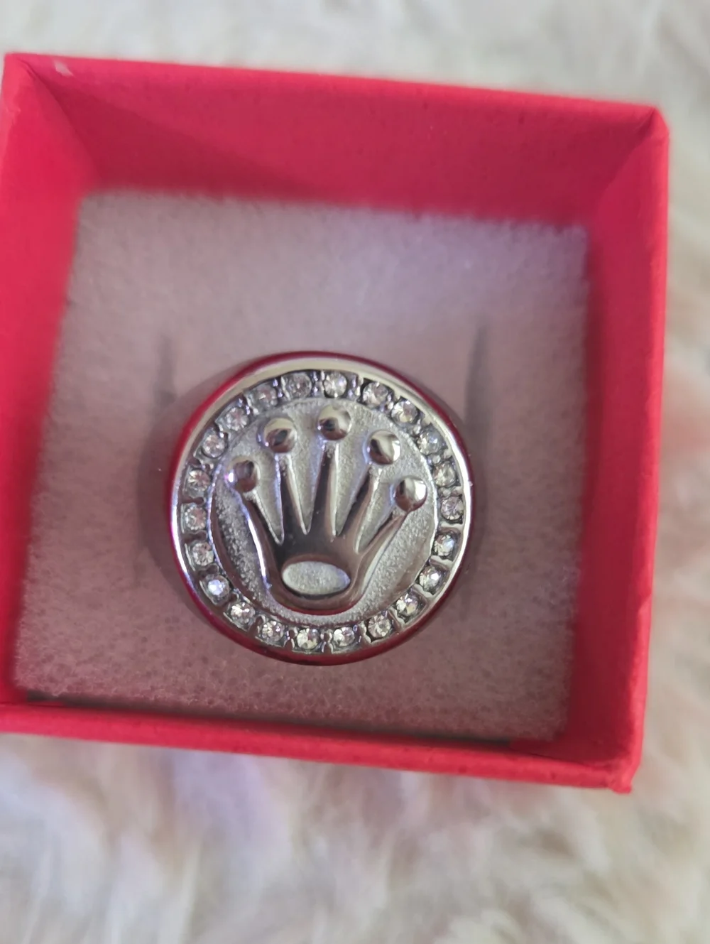 Silver Crystal Crown Emblem Ring - Women's Accessory